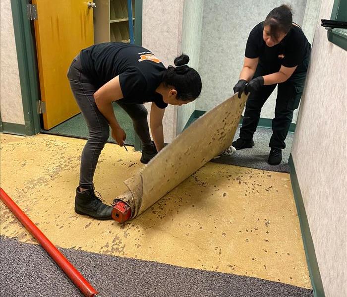 this is an image of our crew quickly remediating a flood damage in a local office building by removing flood damaged carpet